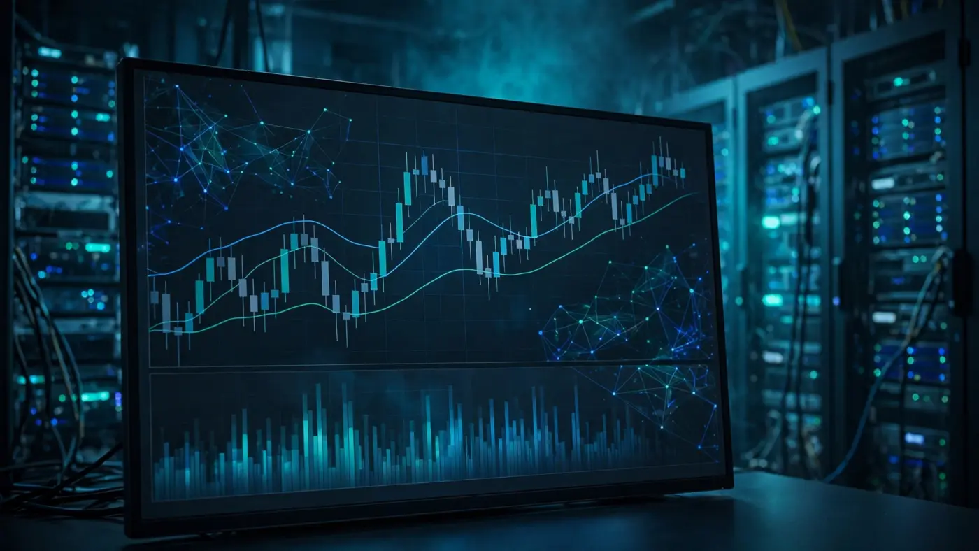 Interfaz de terminal de análisis técnico con gráfico de velas y medias móviles en monitor panorámico
