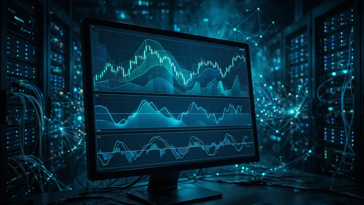 Indicadores técnicos RSI y MACD bajo un gráfico de precios en un monitor de análisis