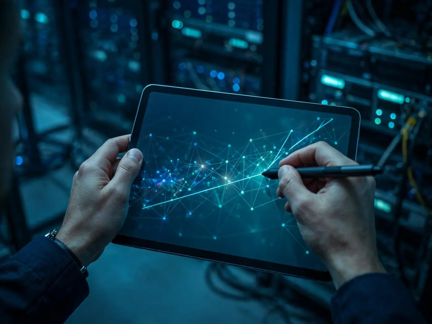 Manos de analista trazando líneas de tendencia en una tableta con lápiz digital