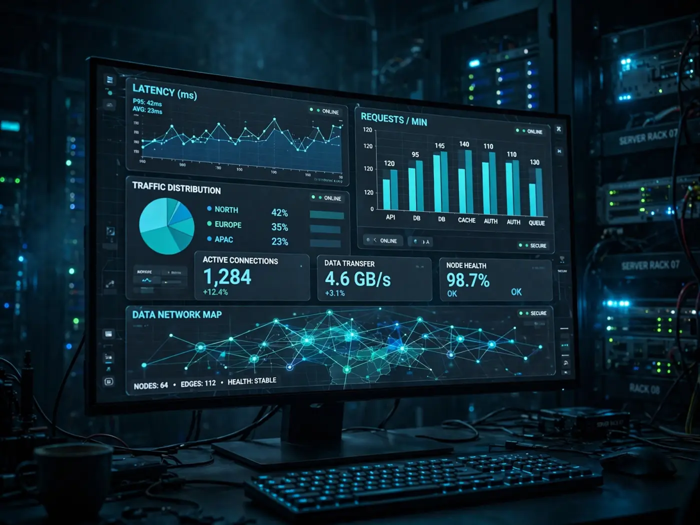 Panel de control con múltiples widgets gráficos en un monitor ultraancho en una sala oscura con iluminación cian